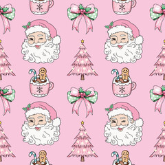 Pink Christmas Coquette Seamless Pattern With Santa, Seamless Pink Christmas Coquette Digital Papers, Seamless Bow, Pink and Green Coquette Pattern, Bow Pattern, Christmas Tree, Christmas Coffee Mug