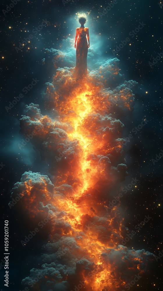 Wall mural surreal burning clouds rising in the middle of outer space with a goddess standing on top, creating 