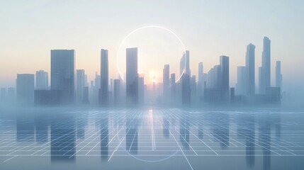 Fototapeta premium Urban Illusion: Commercial CBD Skyline with Exhibition Platforms and E-Commerce Under a Brilliant Sun