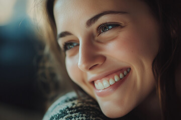 Young woman smiling warmly while sitting indoors in natural light