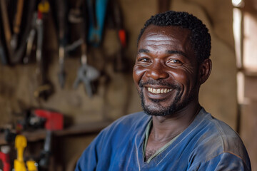 Smiling mechanic working in a rustic workshop with tools