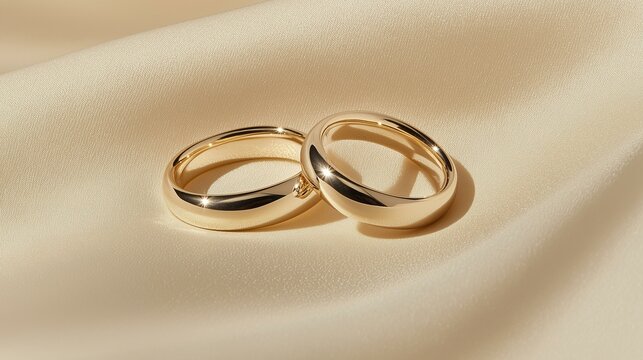 Elegant gold wedding bands on a luxurious fabric, symbolizing love and commitment.