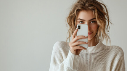 Naklejka premium woman holding her smart phone in front of her face to take photo in portrait shot, solid white color background for phone advertisement campaign concept background banner and copy space