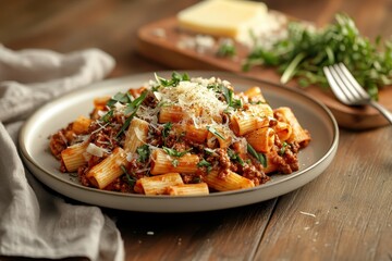 A plate of pasta bolognese topped with herbs and cheese rests on a wooden table beside a fork napkin greens on a board and grated cheese Horizontal image