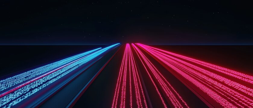 Futuristic highway with binary code walls, symbolizing information superhighway, data flow, and rapid digital communication