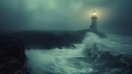 Fototapeta premium Lighthouse Battling Powerful Ocean Waves.