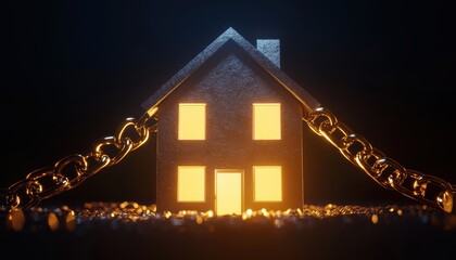 House surrounded by thick chains, ominous lighting, representing heavy mortgage debt, financial restrictions, and home ownership risk