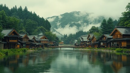 Obraz premium Serene Japanese Village by the River