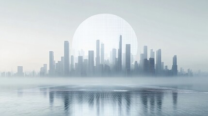 Fototapeta premium Urban Illusion: Commercial CBD Skyline with Exhibition Platforms and E-Commerce Under a Brilliant Sun