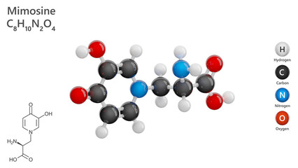 Molecule: Mimosine. Non-protein amino acid. Molecular structure. Formula: C8H10N2O4. Chemical model: Ball and stick. White background. 3D illustration.