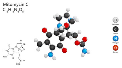 Molecule: Mitomycin C. Antitumor antibiotic. Molecular structure. Formula: C15H18N4O5. Chemical model: Ball and stick. White background. 3D illustration.