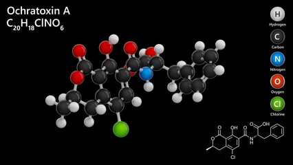 Molecule: Ochratoxin A. Antibiotic 9663. Molecular structure. Formula: C20H18ClNO6. Chemical model: Ball and stick. Black background. 3D illustration.