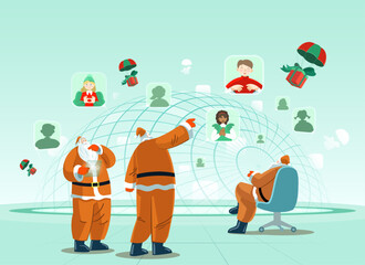 Santa Claus Team Managing Christmas Gift Delivery Worldwide. Vector illustration for poster, banner, social post 