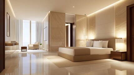 Minimalist bedroom design with large bed, white and beige decor, wooden furniture, and cozy atmosphere, symbolizing simplicity and elegance