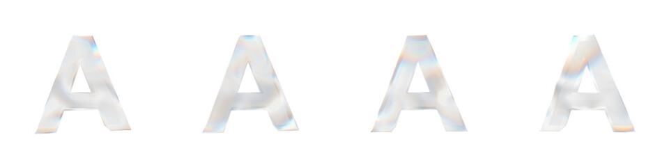 Set of 4 3d letter A with glass distortion effect isolated on a transparent background. 3d transparent elements for graphic design.