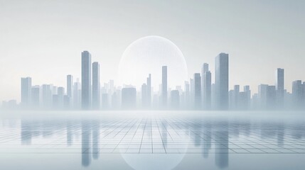 Obraz premium Urban Illusion: Commercial CBD Skyline with Exhibition Platforms and E-Commerce Under a Brilliant Sun