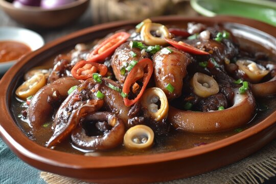 Adobong Pusit is a Filipino dish made with squid