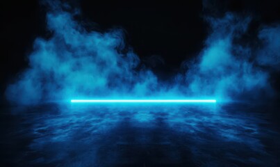 Fototapeta premium Blue neon light strip glowing over a misty dark background