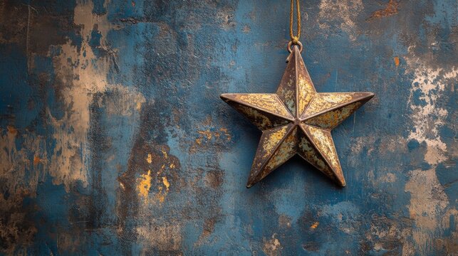 A rustic five-pointed star ornament hanging against a weathered blue wall background