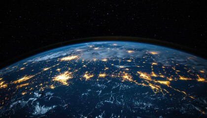 Obraz premium Networked Earth sphere above city lights, symbolizing global tech infrastructure, smart urban planning, and interconnected digital economy