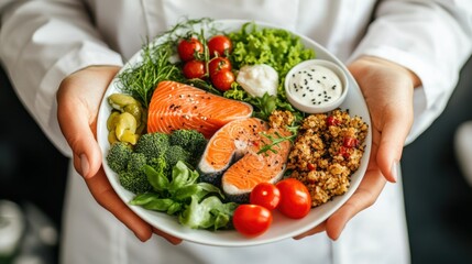 A nutritionist showing a balanced plate of healthy, low-fat foods and discussing how diet