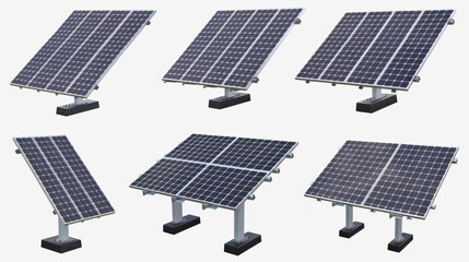 A series of solar panels are shown in different orientations