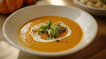close up of creamy pumpkin soup in a white bowl with fresh basil garnish