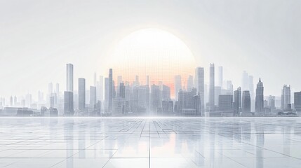 Fototapeta premium Urban Illusion: Commercial CBD Skyline with Exhibition Platforms and E-Commerce Under a Brilliant Sun