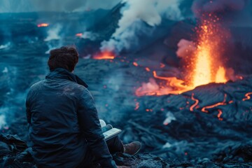 Geologist in protective gear documenting an active volcano eruption with flowing lava and thick smoke in the background.