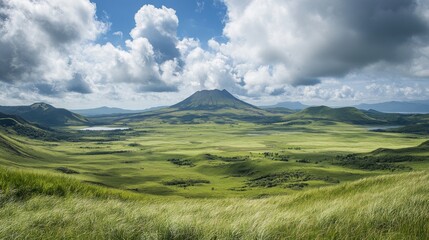 A panoramic view of Japan's Mount Aso, an active volcano surrounded by vast grassy plains