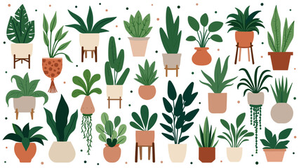 Pot plant set. Plants plastic decorative container and hanging styling indoor basket for potting tree urban garden vector collection