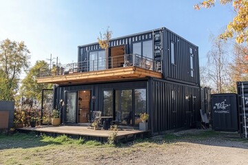 Fototapeta premium Modern black shipping container house with large windows, wooden deck, and upper balcony, surrounded by a well-kept lawn and outdoor furniture for a stylish and sustainable living space