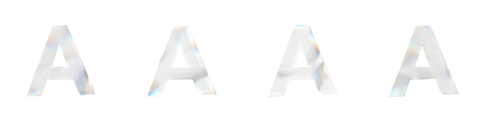 Set of 4 3d letter A with glass distortion effect isolated on a transparent background. 3d transparent elements for graphic design.