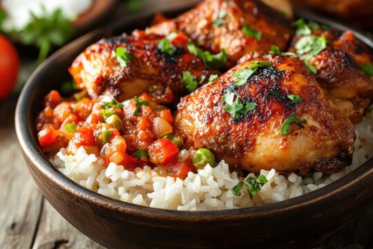 Asopao de pollo is a Caribbean chicken and rice dish featuring sofrito and tomato paste presented in a bowl