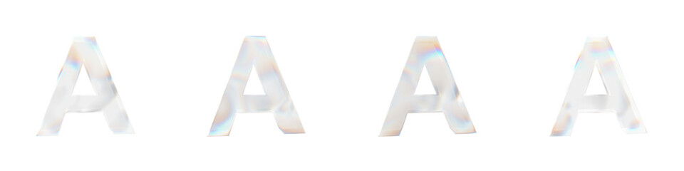 Set of 4 3d letter A with glass distortion effect isolated on a transparent background. 3d transparent elements for graphic design.