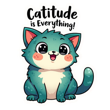 Cat sticker with funny motivational text "Catitude is Everything!", featuring a cute chibi cat with big eyes and a cartoon cat's face. 