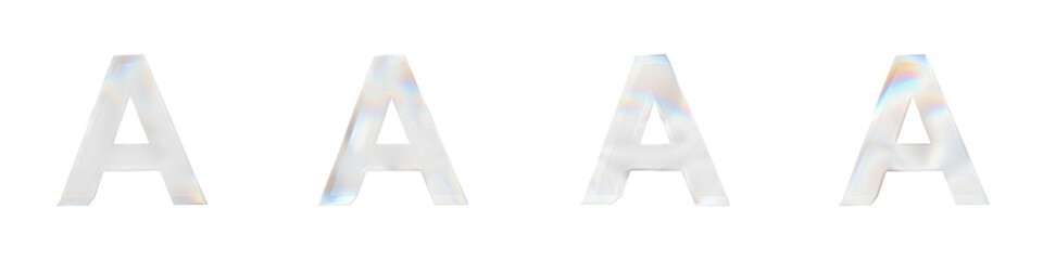 Set of 4 3d letter A with glass distortion effect isolated on a transparent background. 3d transparent elements for graphic design.