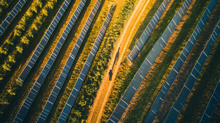 Workers at a solar farm in the Netherlands walk between rows of solar panels.