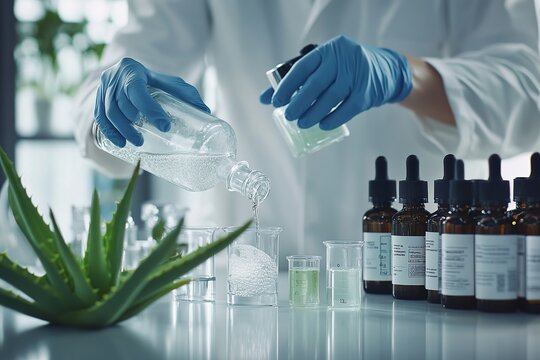 Scientist wearing blue gloves pouring liquid into a glass with various skincare bottles and an aloe vera plant, representing cosmetic research and natural skincare formulation