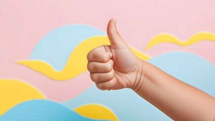 Child hand showing thumbs up isolated on multy color background