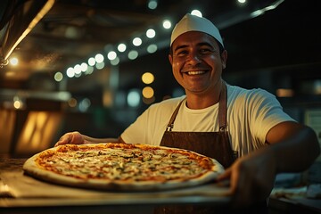 A pizza vendor smiling, holding a pizza, warm lighting, inside a pizzeria, close-up, front view 5