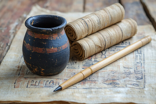 ancient Egyptian reed pen and ink pot on papyrus.