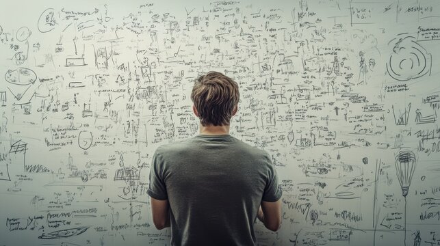 A philosopher sketching ideas on a large whiteboard, trying to solve philosophical puzzles
