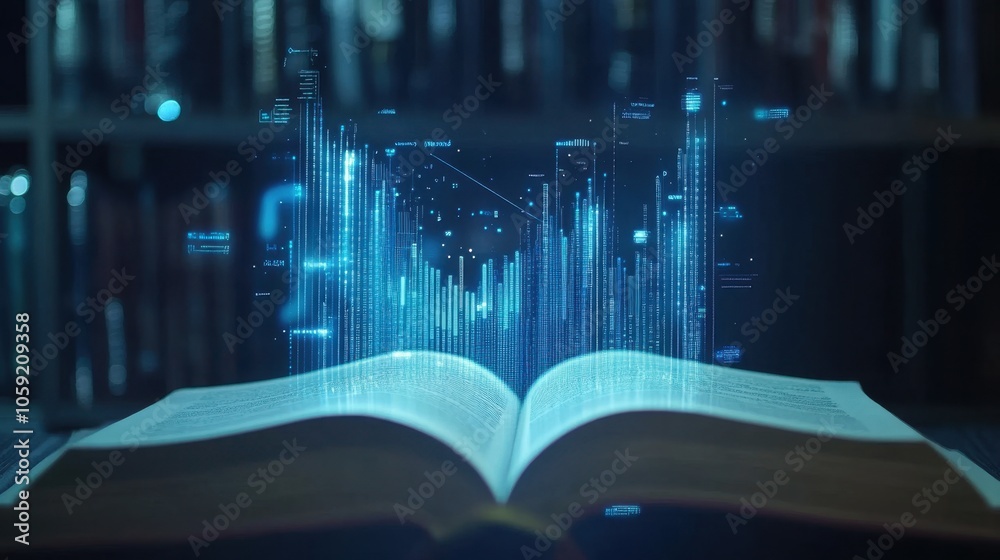 Poster Digital Data Overlay on Open Book in Library Setting