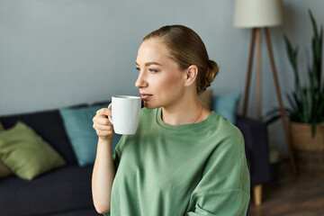 A young plus size woman relaxes at home, savoring a warm cup of coffee in a cozy setting.