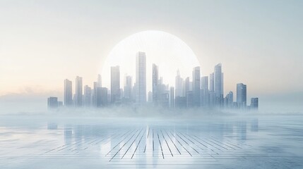 Obraz premium Urban Illusion: Commercial CBD Skyline with Exhibition Platforms and E-Commerce Under a Brilliant Sun