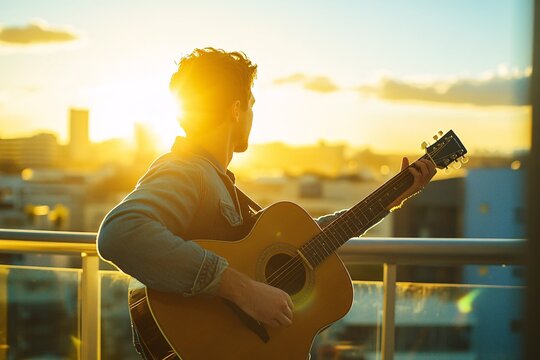 A man strumming an acoustic guitar on a sunlit balcony, enjoying a peaceful morning session of music with a view of the city skyline in the background 1
