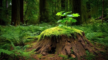 New Life on a Mossy Stump in the Forest