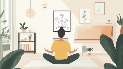 A serene living space with a person engaging in a guided body scan meditation, with a laptop