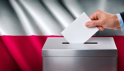 ポーランドの国旗の背景と投票箱と投票する手。選挙。(Poland flag background and ballot box and hand voting. election.)
